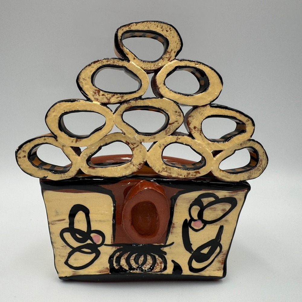 Cheryl Signed Studio Art Pottery Wall Pocket Planter Abstract Loop Terracotta
